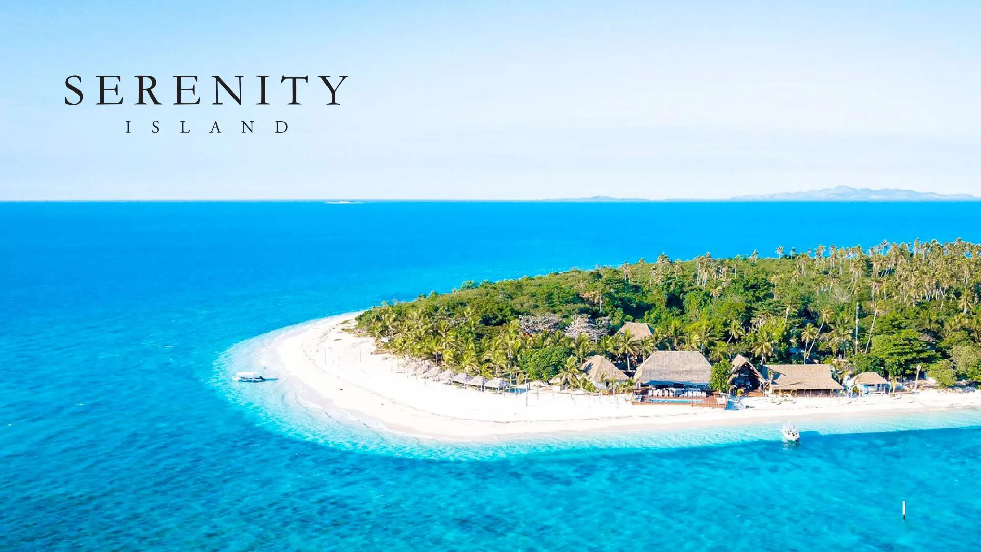 Aerial view of Serenity Island Resort in the Mamanuca Islands, Fiji