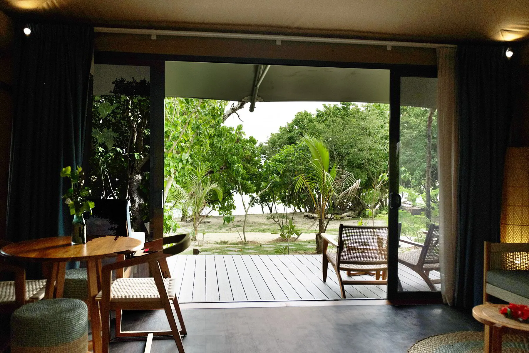 Glamping tent interior at Serenity Sands, Fiji